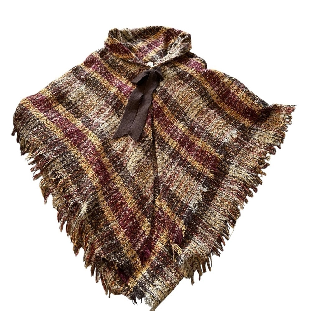 Plaid Fringe Poncho with Bow Tie